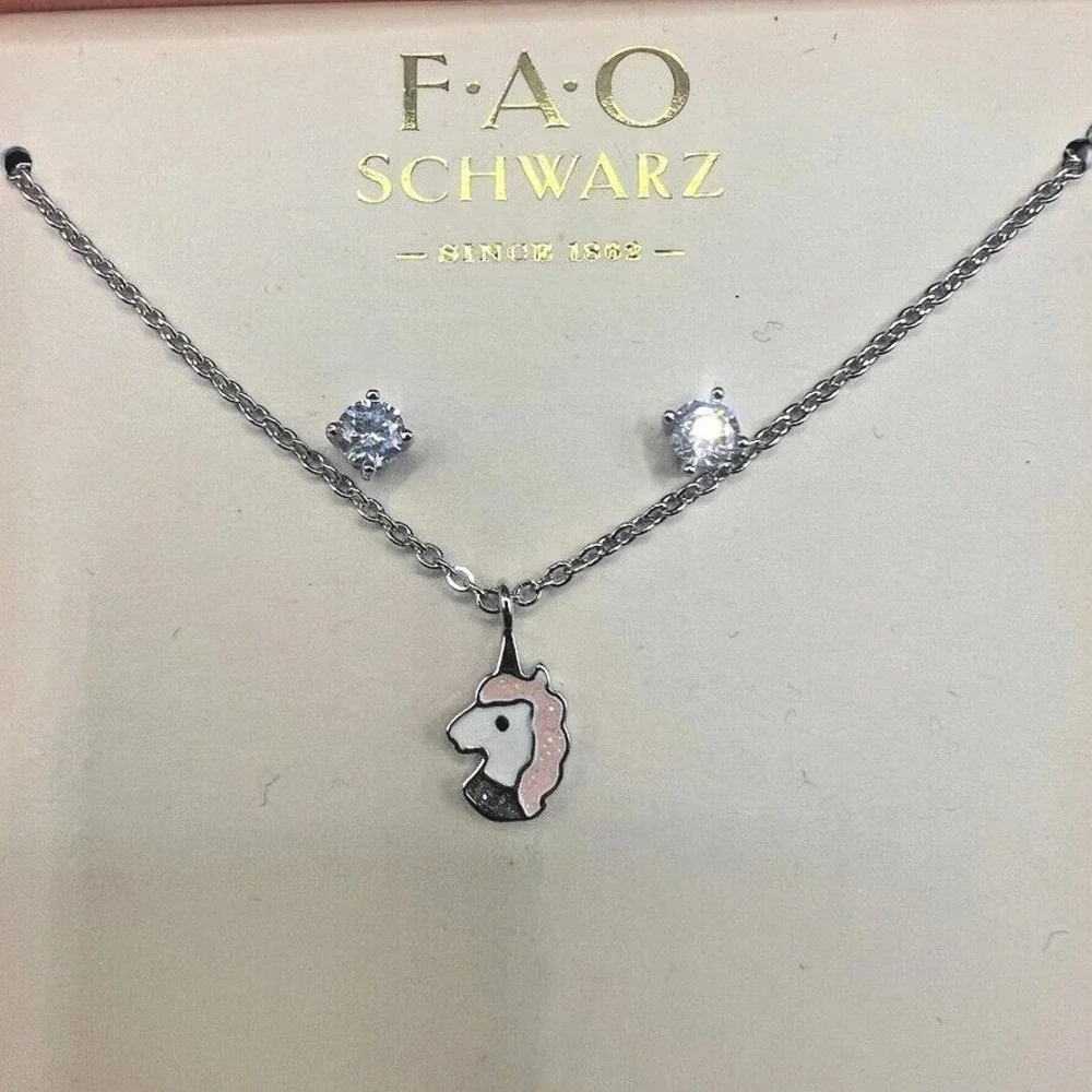 FAO Schwarz Childrens Unicorn Necklace & Earrings Set Fine Silver Plate Gift Box